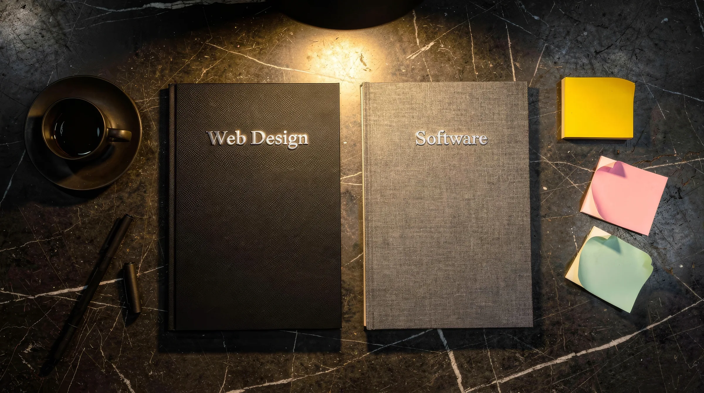 Two portfolio books on the marble coffee table, under the lamp: one bound in black, titled Web Design, one in grey linen, titled Software.